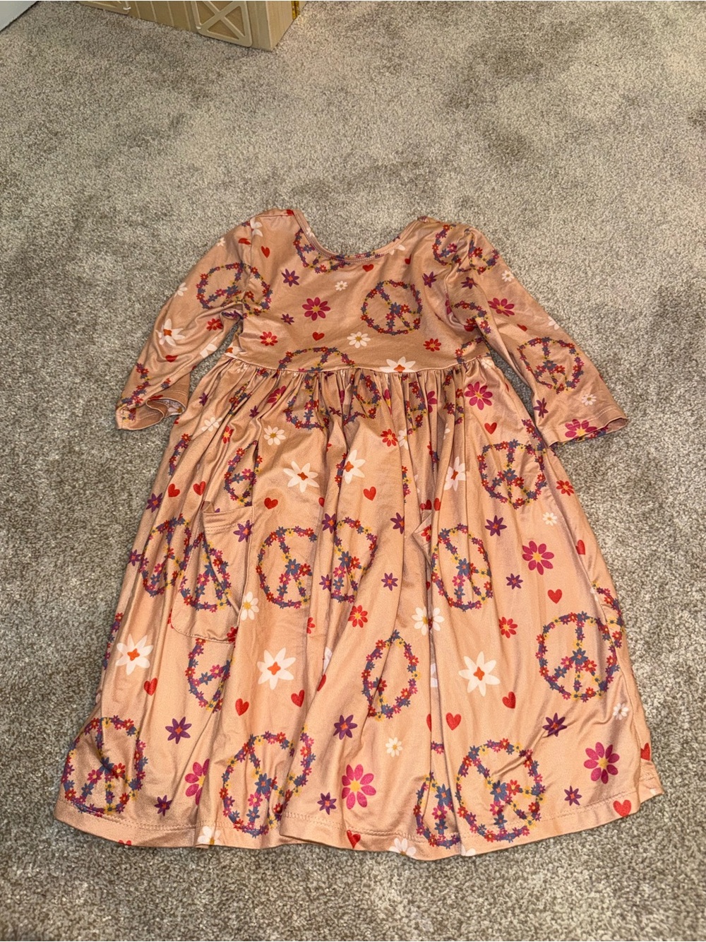 Peach Floral Peace Sign Long Sleeve Twirl Dress for Kids